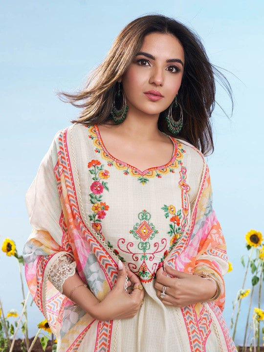 Inddus Women Floral Embroidered Regular Thread Work Kurta with Trousers & With Dupatta