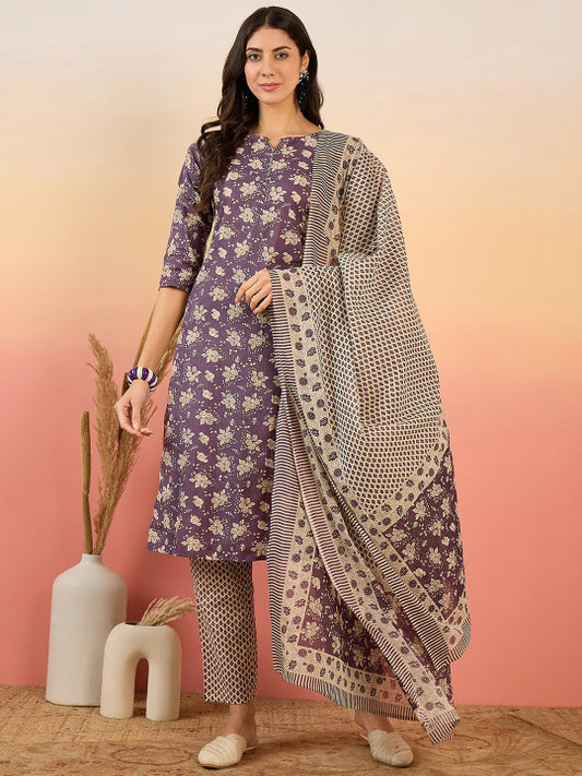 Vastramyaa Floral Printed Pure Cotton Straight Kurta & Trousers With Dupatta