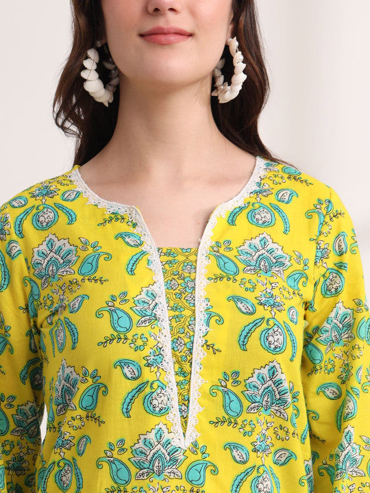 Yufta Floral Printed Pure Cotton Straight Kurta with Trousers & Dupatta