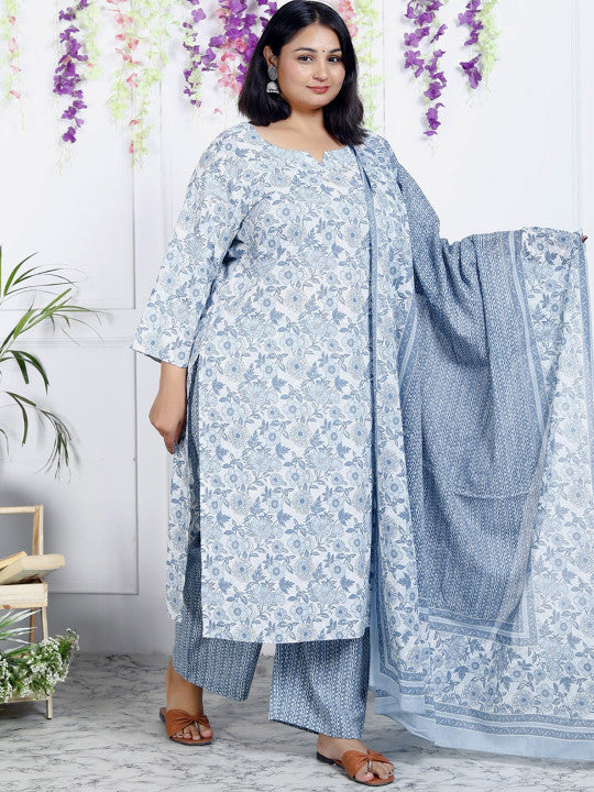 Swasti Women Floral Printed Regular Sequinned Pure Cotton Kurta with Trousers & With Dupatta