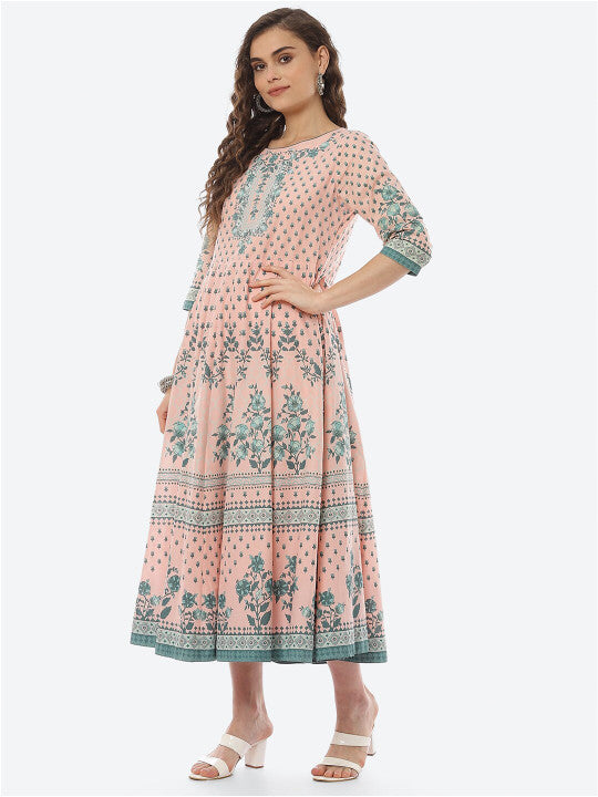 Biba Peach-Coloured Ethnic Motifs Ethnic Midi Dress