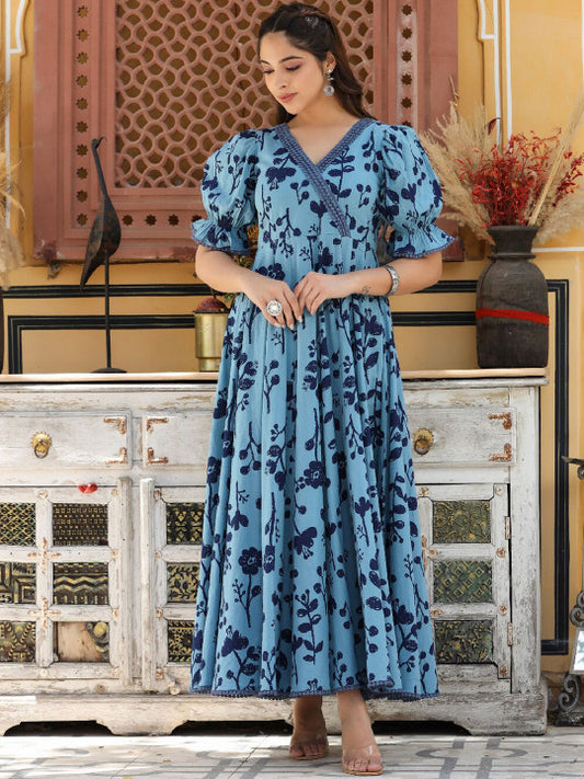 EverBloom Printed Pure Cotton Puff Sleeves Angrakha Ethnic Dresses