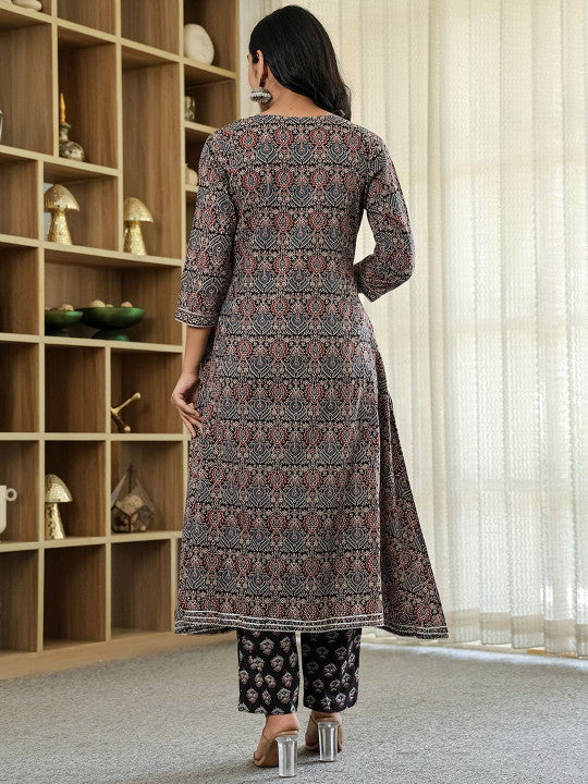 Yufta Women Ethnic Motifs Printed Regular Sequinned Pure Cotton Kurta with Trousers & With Dupatta