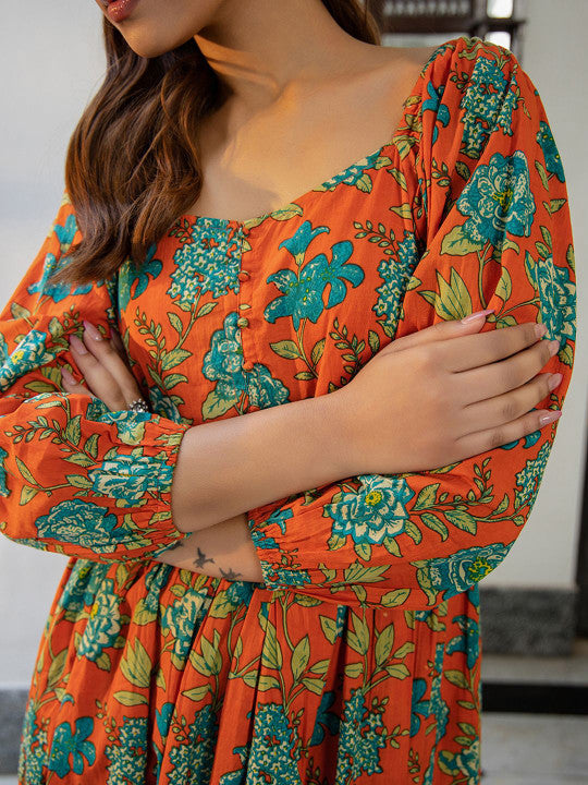 Floral Printed Pure Cotton Gathered Ethnic Dress