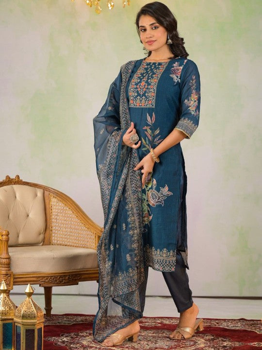 AUTUMN LANE Women Floral Embroidered Cotton Kurta with Trousers & Dupatta