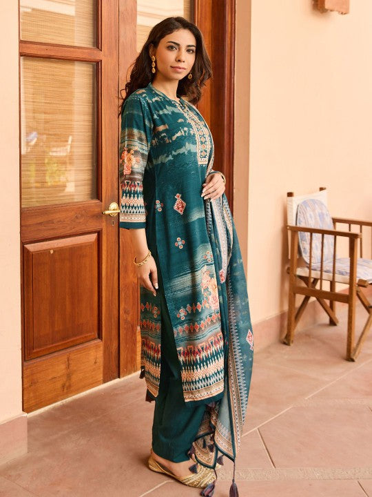 WOMEN PLUS Ethnic Motifs Printed Regular Mirror Work Kurta With Trousers & Dupatta