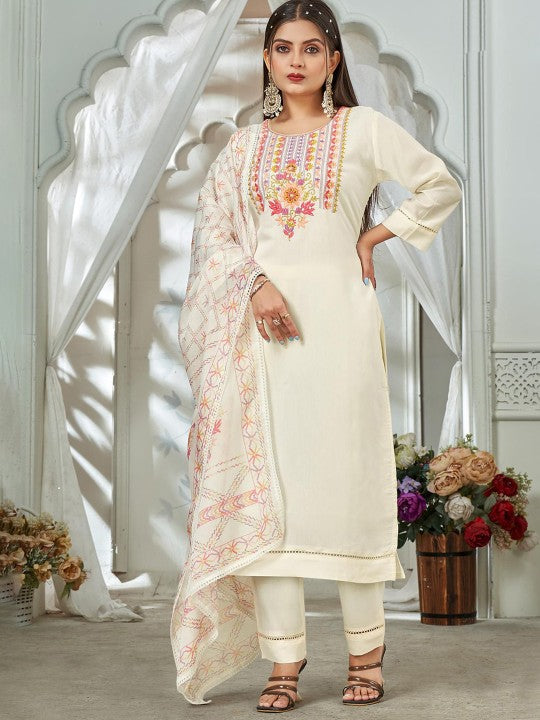 FASHION STROM Floral Yoke Design Thread Work Straight Kurta With Trousers & Dupatta
