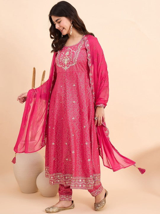 Anouk Floral Printed Sequinned Round Neck A-Line Kurta With Trousers & Dupatta