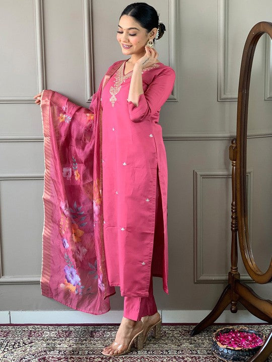 Ishin V-Neck Floral Yoke Design Sequinned Straight Kurta with Trouser & Dupatta