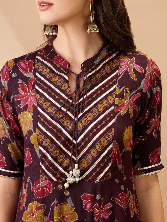 Globus Floral Print Mandarin Collar Gota Lace Yoke Flared Hem A-Line Maxi Dress