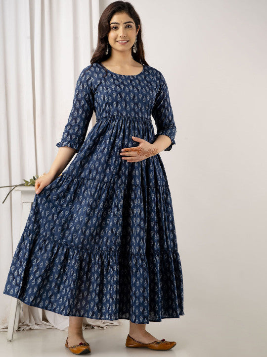 VARICOS Ethnic Motifs Printed Fit & Flare Tiered Cotton Maternity Maxi Dress