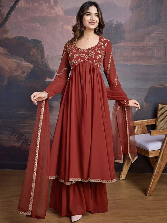 House of Pataudi Floral Embroidered Sequinned Georgette Kurta