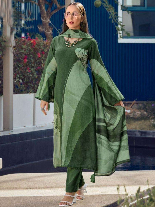 Floral Printed V-Neck Straight Thread Work Kurta With Trousers & Dupatta