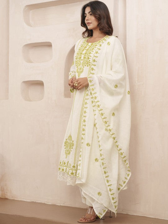 House of Pataudi Embroidered Straight Kurta & Trousers With Dupatta