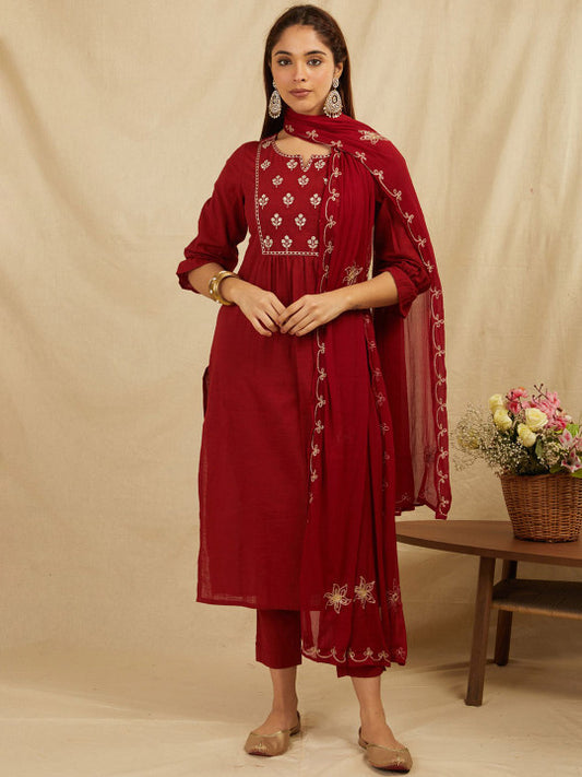 Bada Boota Floral Yoke Design Sequinned Pure Cotton A-Line Kurta With Trousers & Dupatta