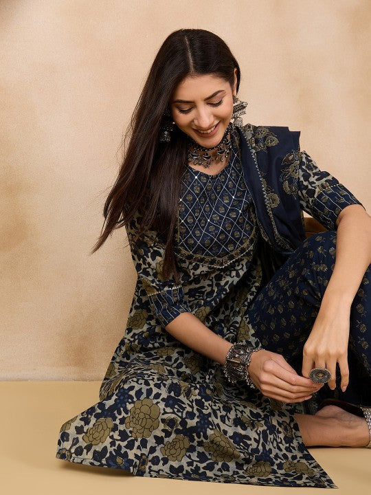 Anouk Navy Blue Floral Printed Pure Cotton Straight Kurta & Trousers With Dupatta