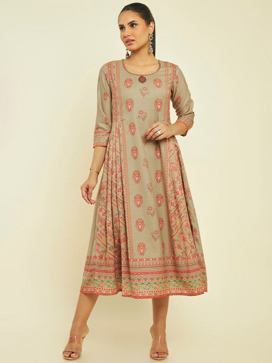 Neck Ethnic Motifs Printed Cotton Fit and Flare Ethnic Dress