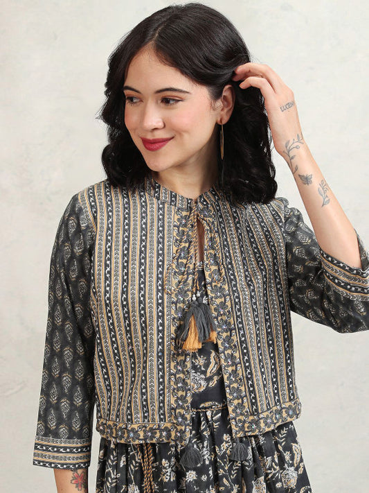 Vishudh Floral Printed Fit and Flare Maxi Ethnic Dress With tie up shrugs