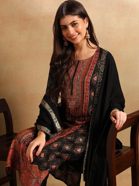 AHIKA Ethnic Motifs Woven Design Zardozi Straight Kurta