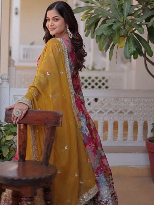 Fashion Basket Floral Printed Embroidered Round Neck Anarkali Kurta