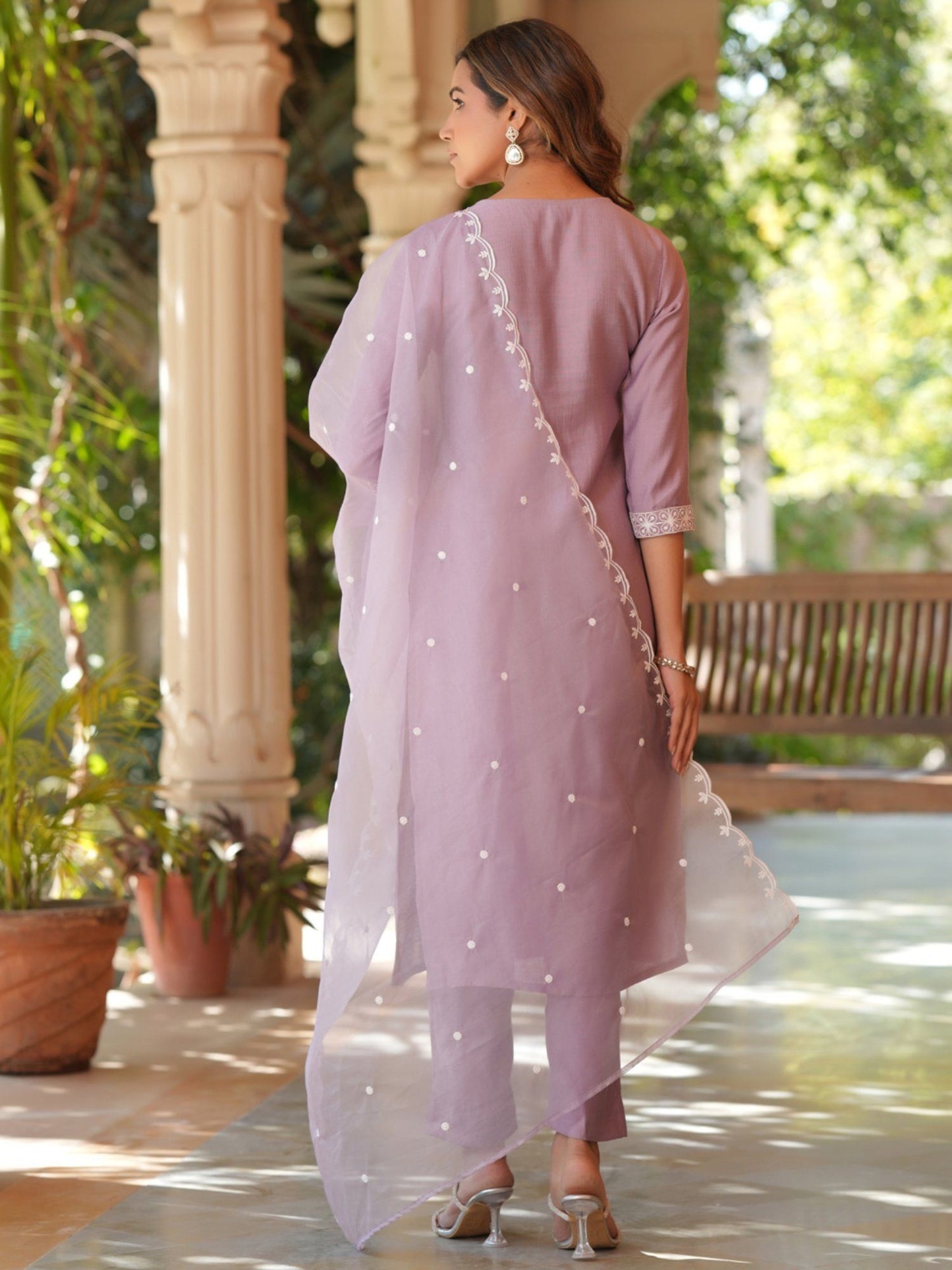 Women Lavender Silk Blend Embroidered Kurta &amp; Pant with Dupatta (Set of 3)