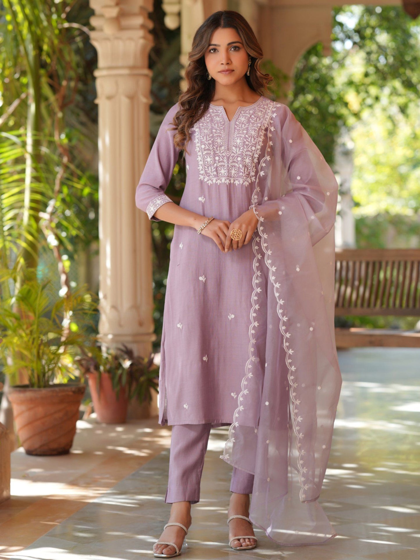 Women Lavender Silk Blend Embroidered Kurta &amp; Pant with Dupatta (Set of 3)