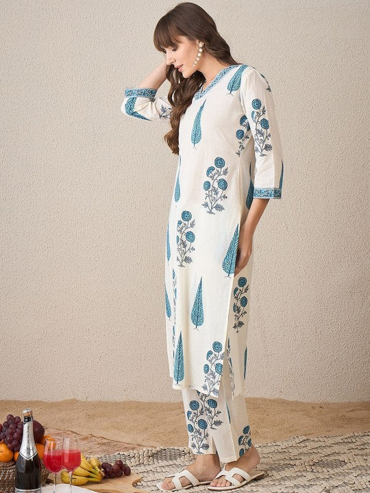 Indo Era Printed V-Neck Pure Cotton Tunic With Trouser