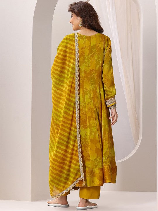 Printed Anarkali Kurta With Trousers & Dupatta