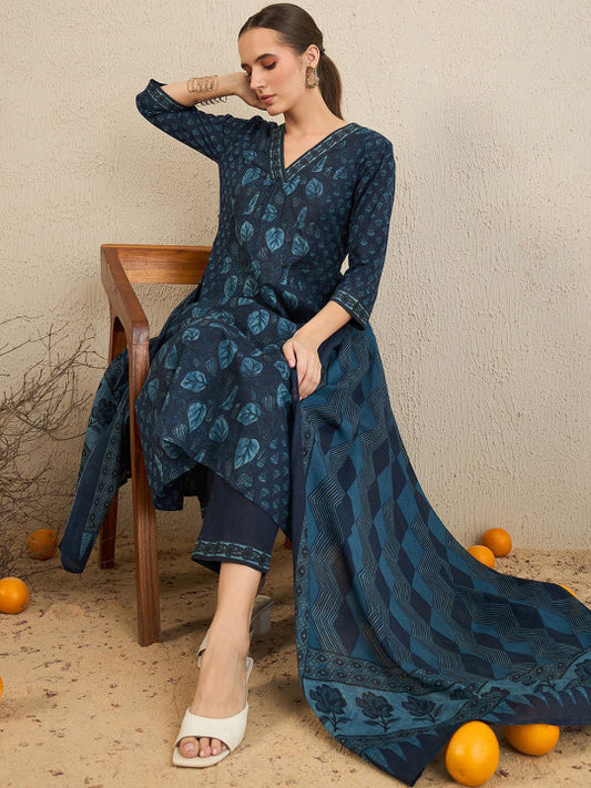 Indo Era Floral Printed Pure Cotton Kurta With Trousers & Dupatta