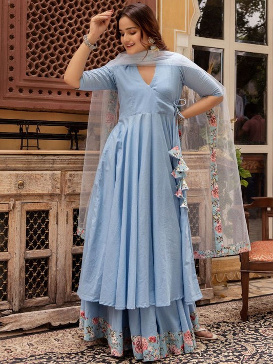 Mandarin Collar Pure Cotton Angrakha Kurta with Skirt And Dupatta