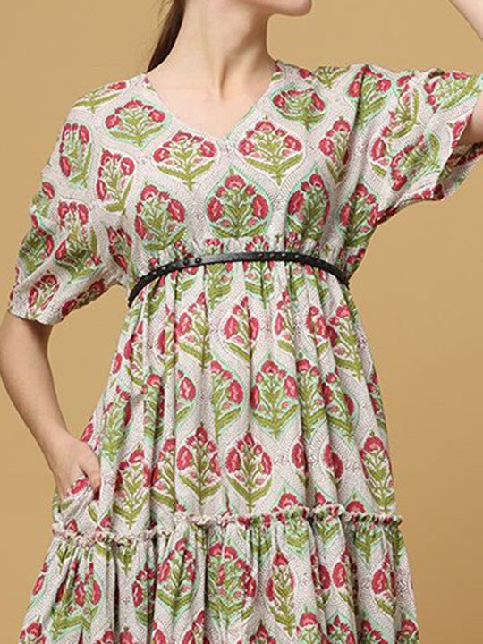 BLACK & BLAH BLAH Handblock Printed Relaxed Fit Cotton Flared Maxi Ethnic Dress