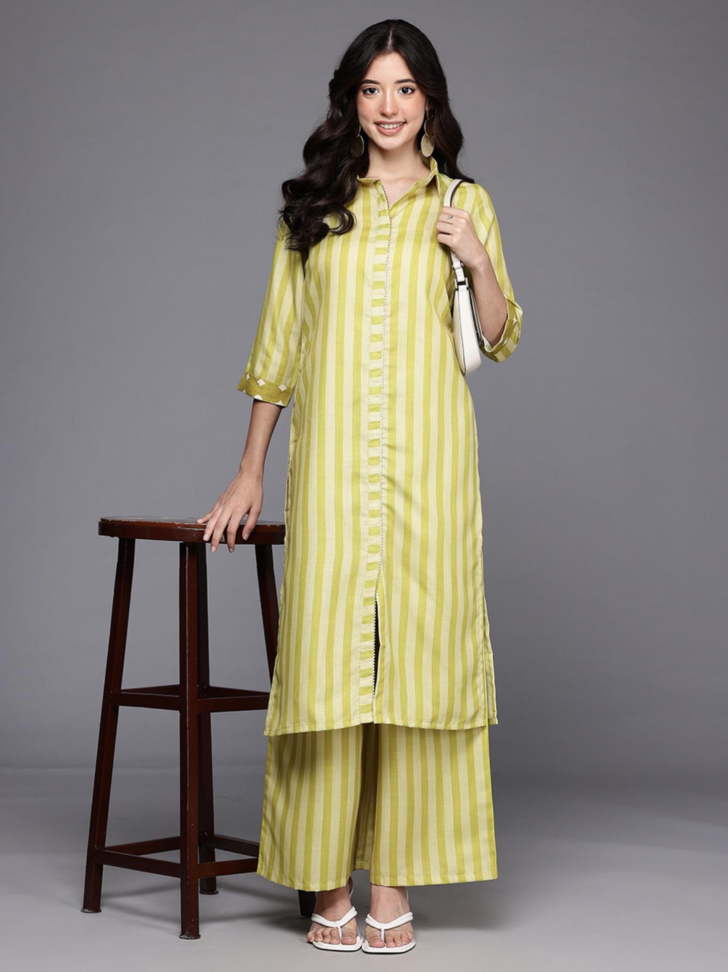 Women Green Cotton Blend Stripes Co-ord Set