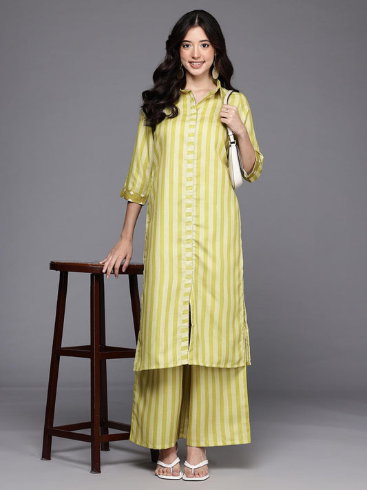 Women Green Cotton Blend Stripes Co-ord Set