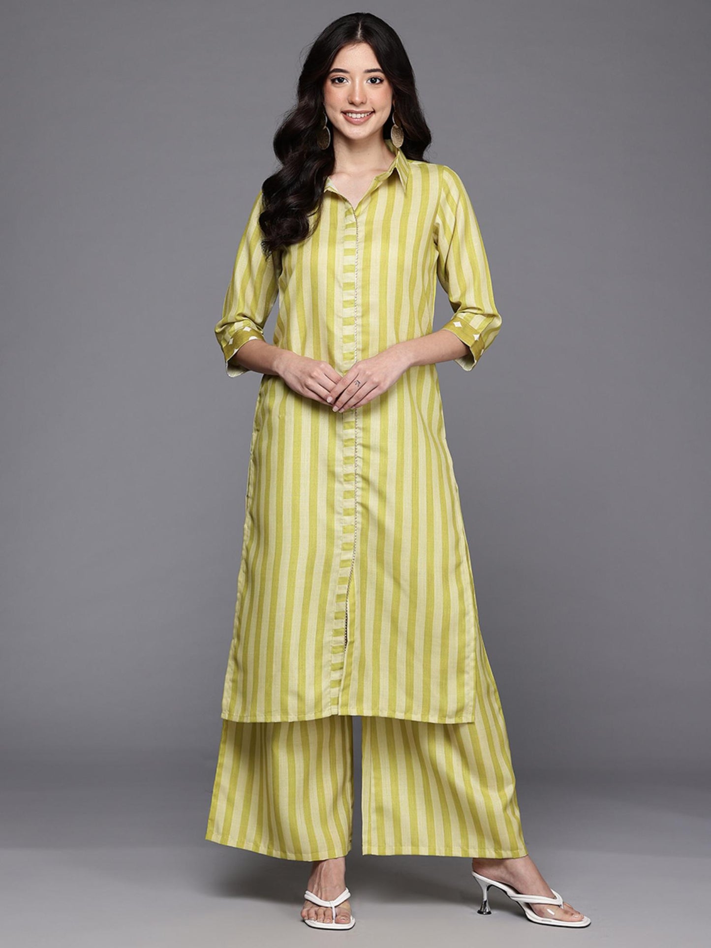 Women Green Cotton Blend Stripes Co-ord Set