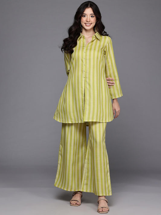 Women Green Cotton Blend Stripes Co-ord Set