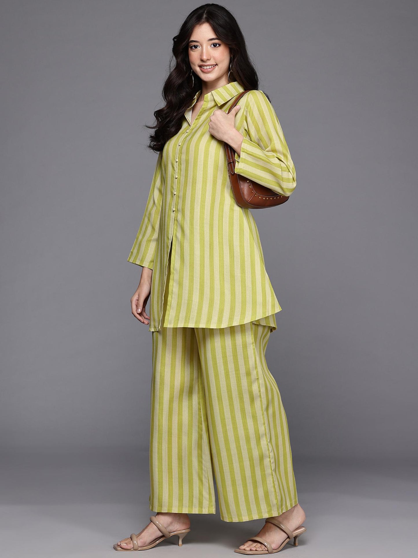 Women Green Cotton Blend Stripes Co-ord Set