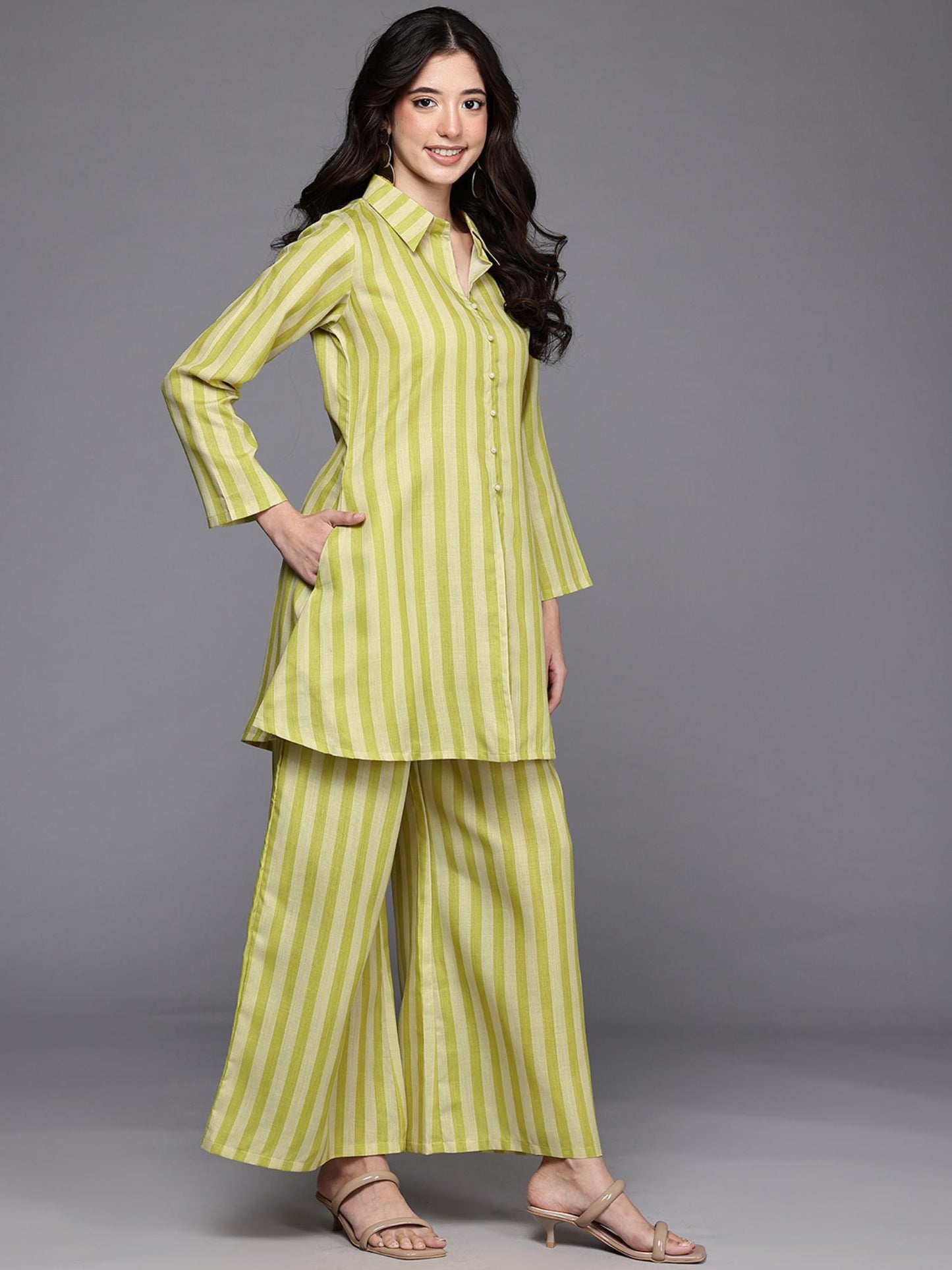 Women Green Cotton Blend Stripes Co-ord Set