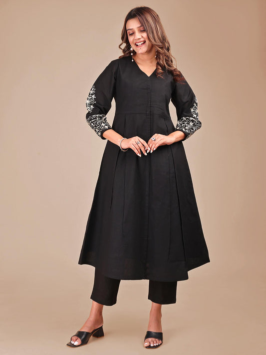 Women Black Linen Embroidered Co-ord Set