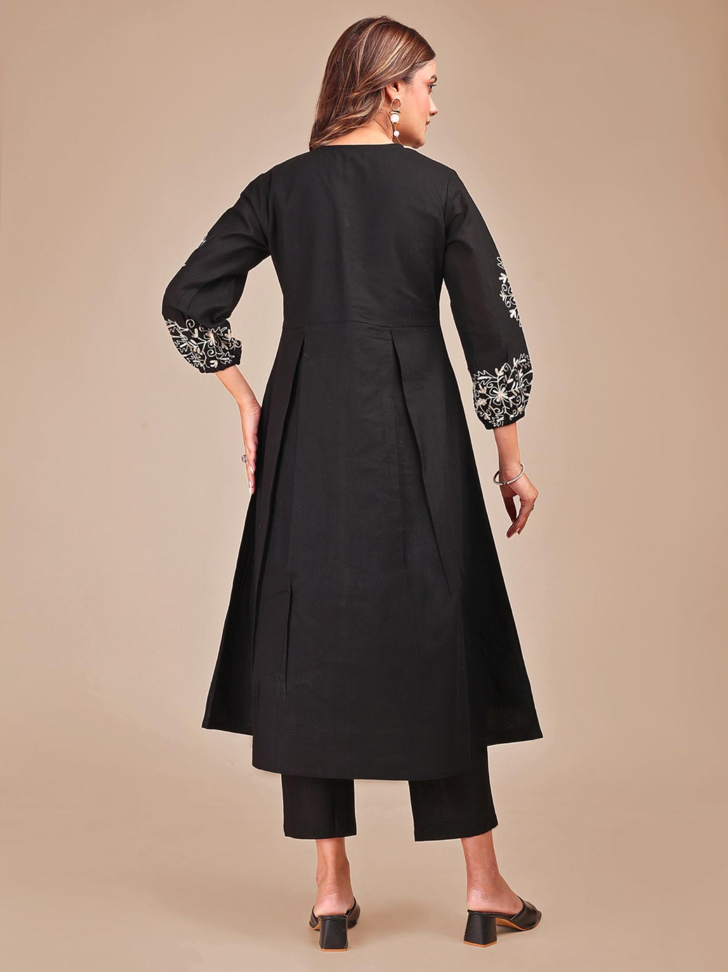 Women Black Linen Embroidered Co-ord Set