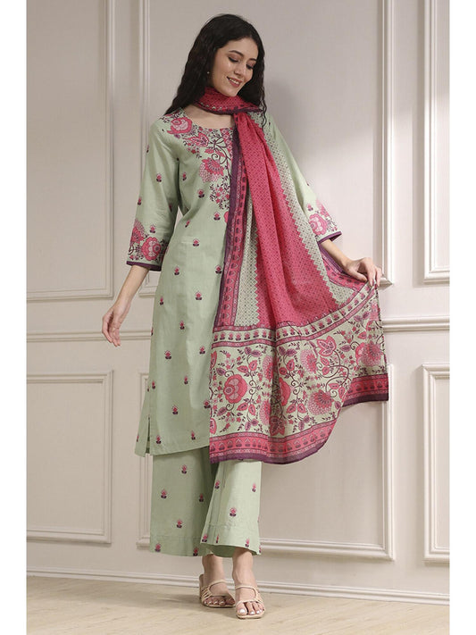 Women Green Cotton Floral Kurta with Pant &amp; Dupatta