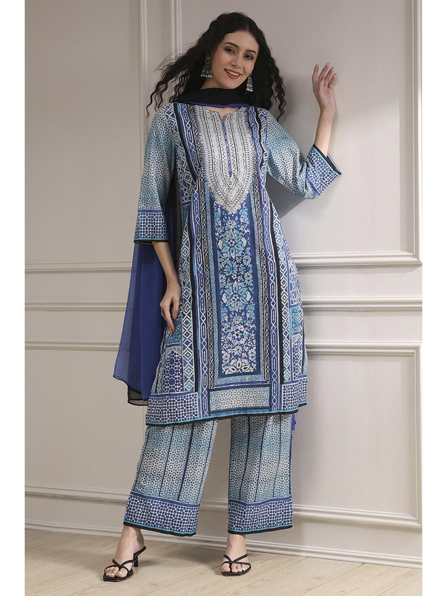 Women Blue Cotton Printed Kurta with Palazzo &amp; Dupatta