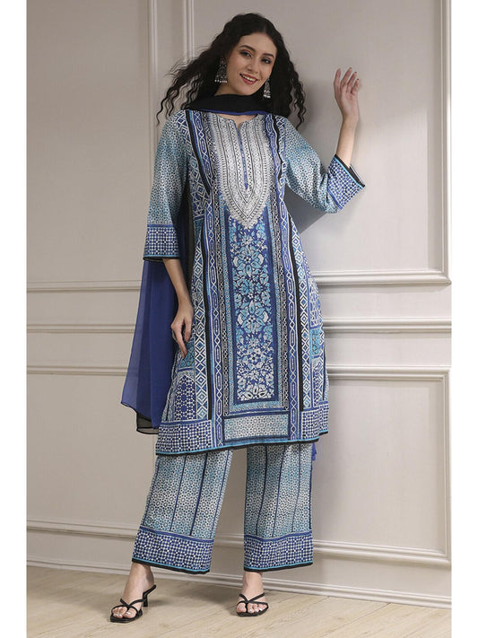 Women Blue Cotton Printed Kurta with Palazzo &amp; Dupatta