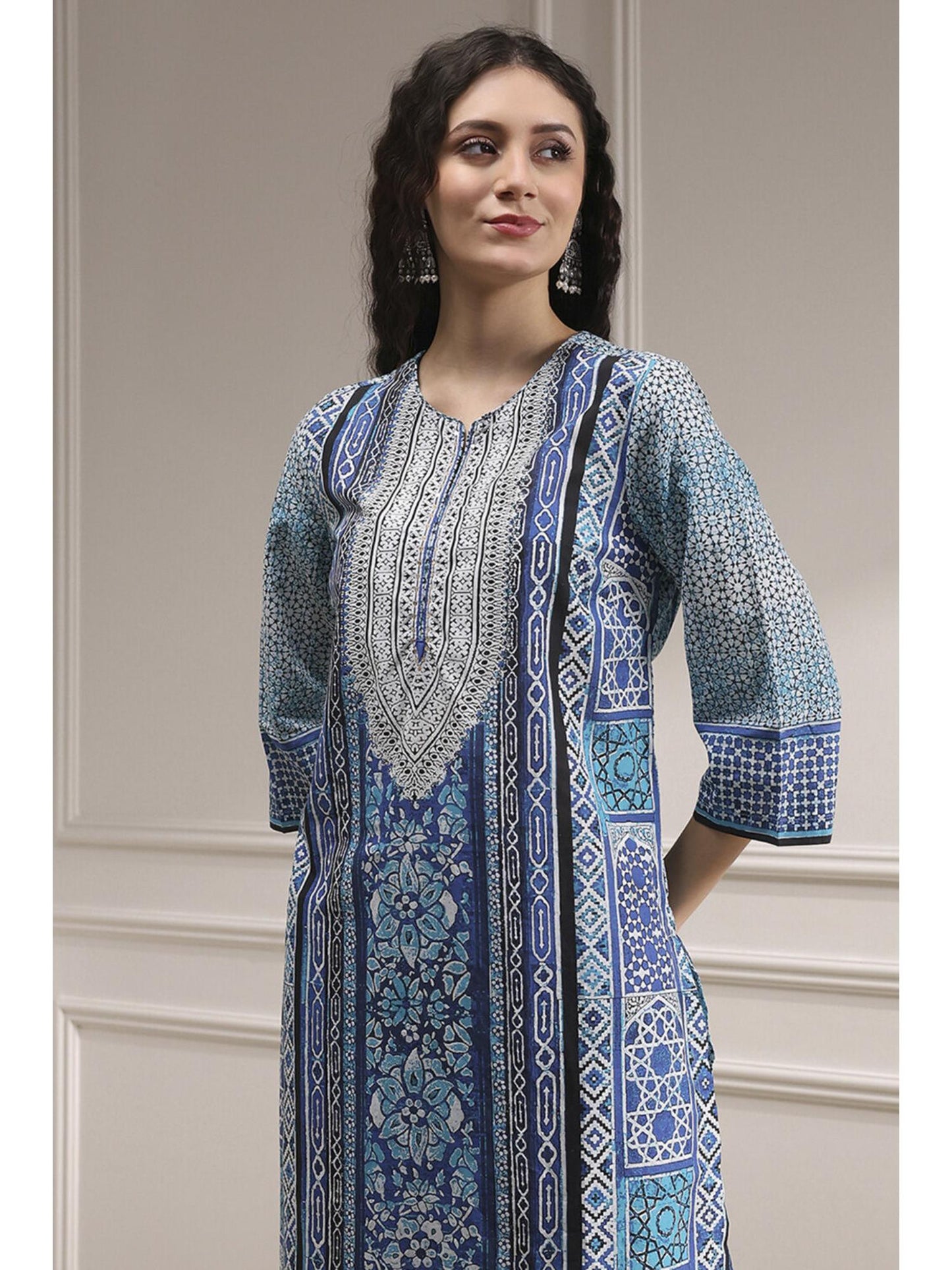 Women Blue Cotton Printed Kurta with Palazzo &amp; Dupatta