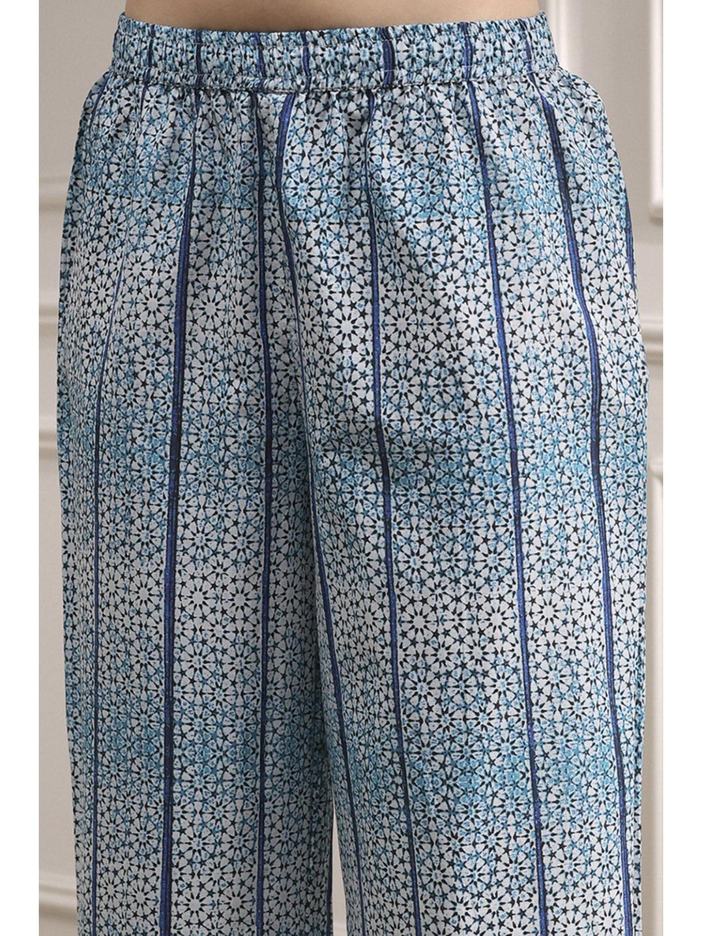 Women Blue Cotton Printed Kurta with Palazzo &amp; Dupatta