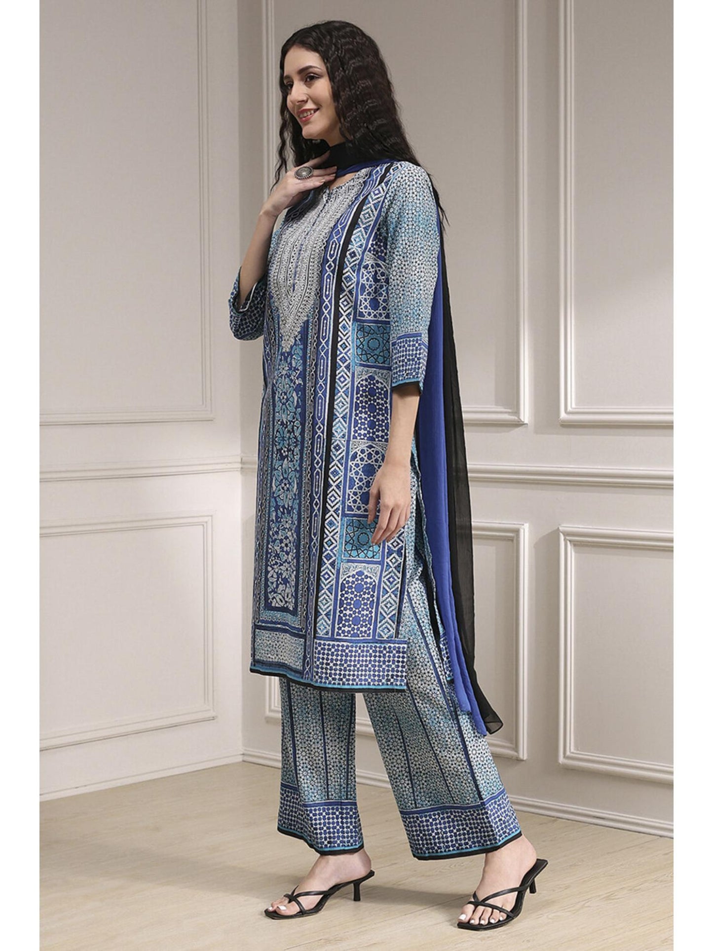Women Blue Cotton Printed Kurta with Palazzo &amp; Dupatta