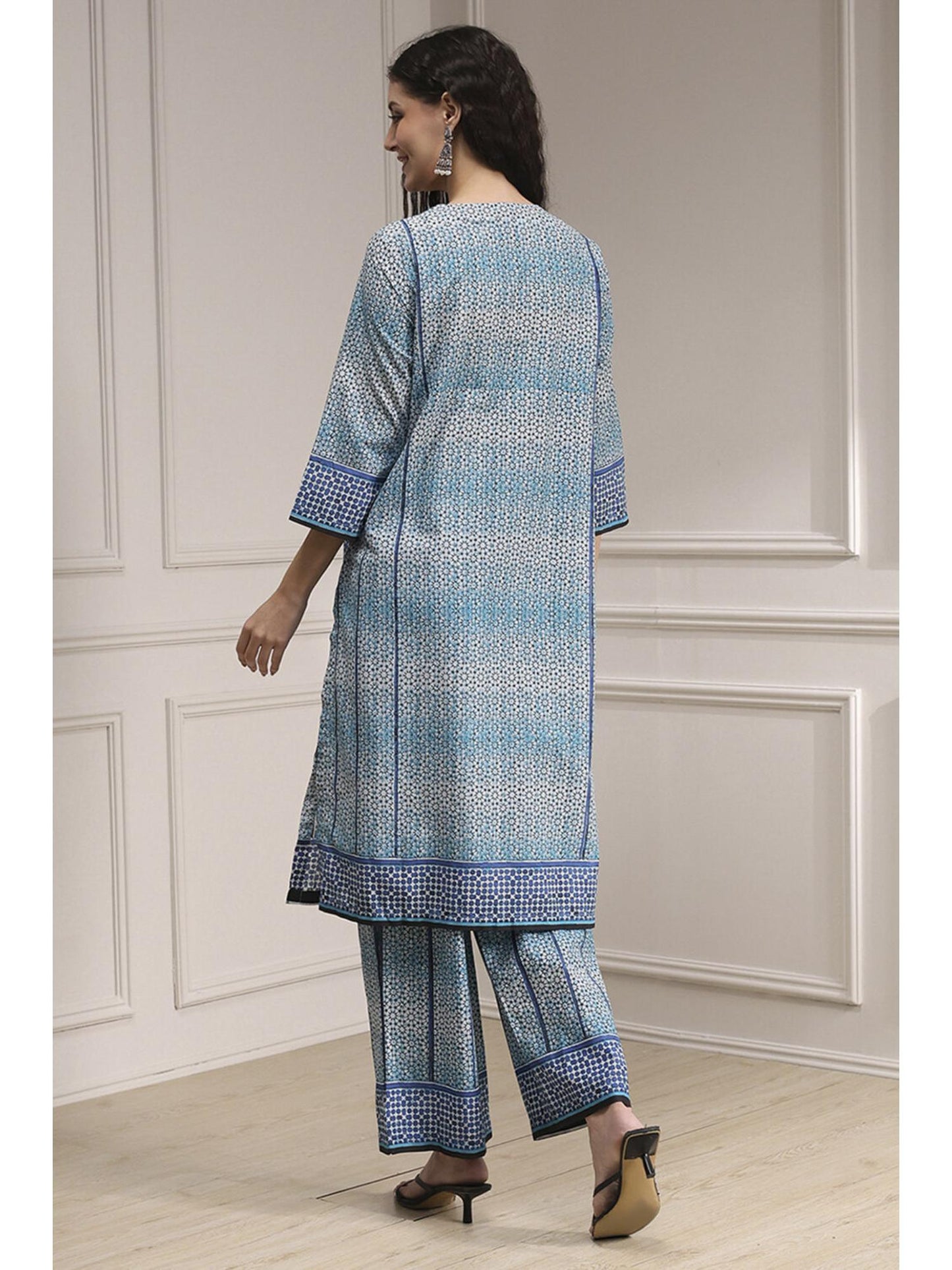 Women Blue Cotton Printed Kurta with Palazzo &amp; Dupatta