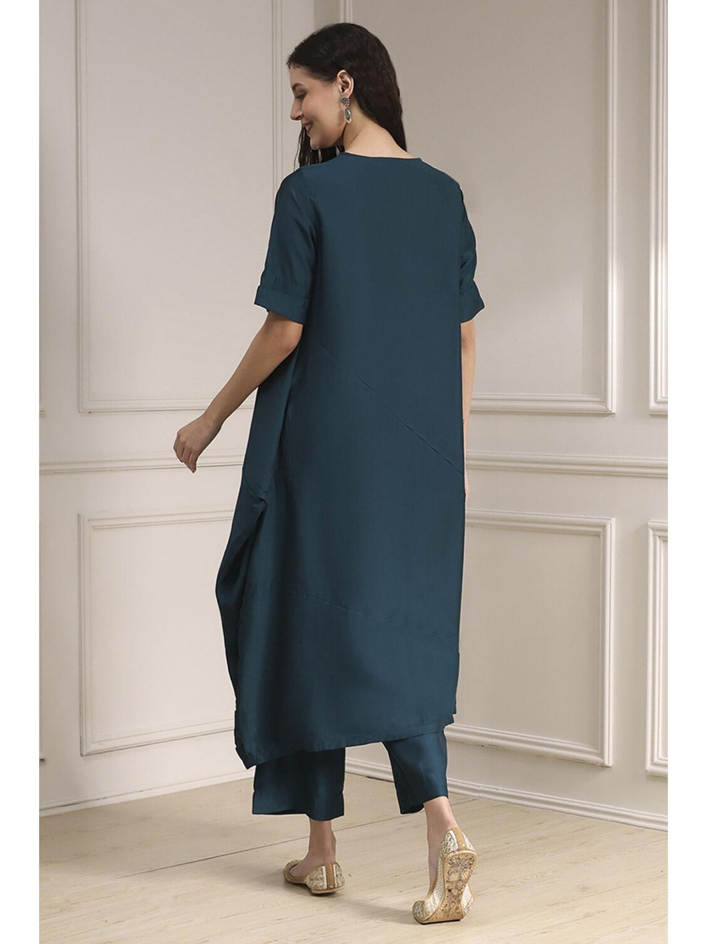 Women Teal Viscose Blend Solid Co-ord Set