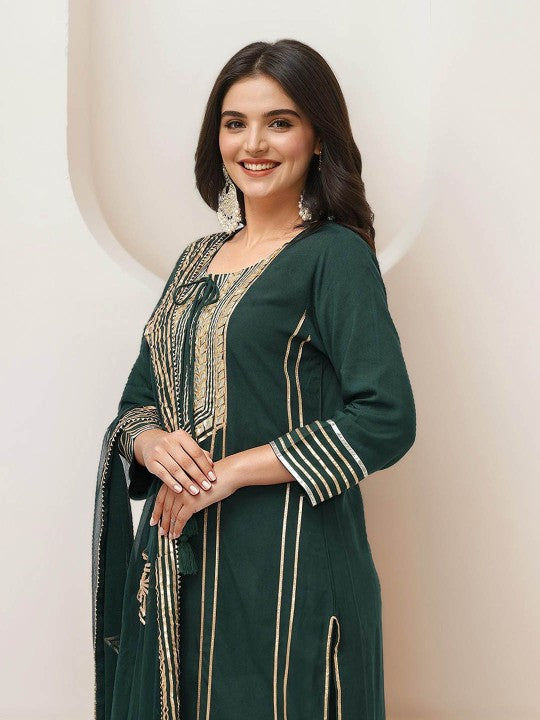 Ishin Striped Embroidered Gotta Patti Pure Cotton Straight Kurta With Trousers & Dupatta