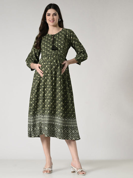 Aaruvi Ruchi Verma Ethnic Motifs Printed Green  Maternity Fit and Flare Midi Dress