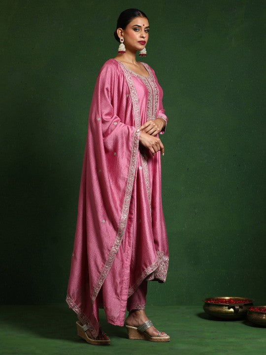 Varanga Floral Embroidered Round Neck A-Line Kurta